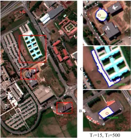 Figure 2. Examples of adaptive regions for the proposed D-AMVS. The green points inside the red circles are the central pixels of each extension, and the blue borders define the shape of the adaptive region