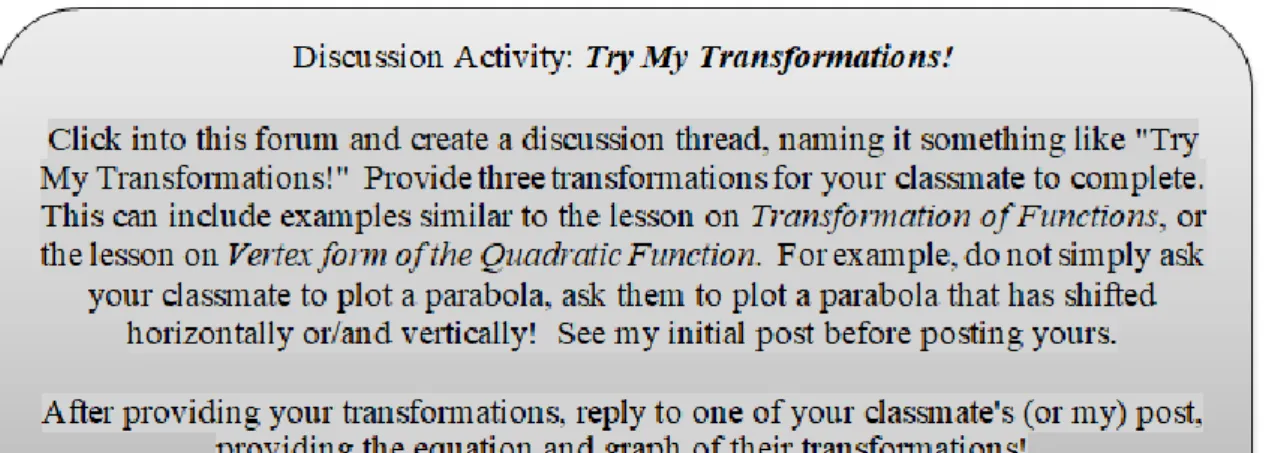 Figure 1 below  provides an example of a discussion activity, “Try My Transformations!” that  was used in the  online and blended sections