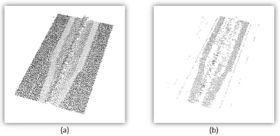 Figure 10. The road surface (a) with highway crossing above it, which is then (b) removed usingfrequency distribution analysis.