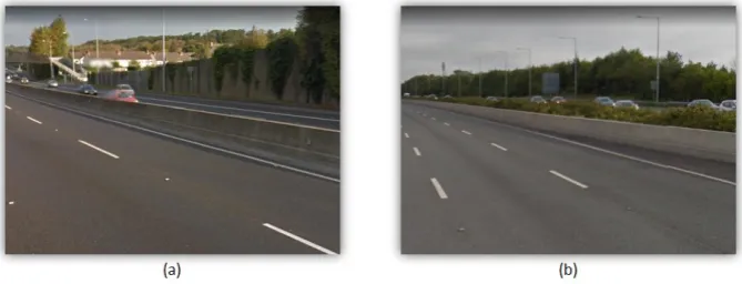 Figure 13. Digital images of the (a) ﬁrst road section with narrow concrete barrier and the (b) secondroad section with wide grass-hedge barrier