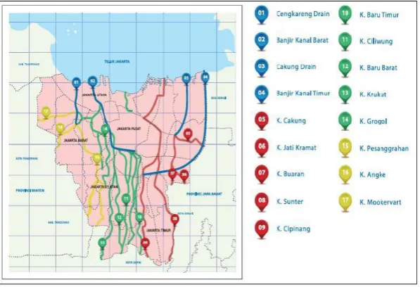 Figure 1. DKI Jakarta Sub-District boundary map, each shade represents a District, with area of interest marked by a box 