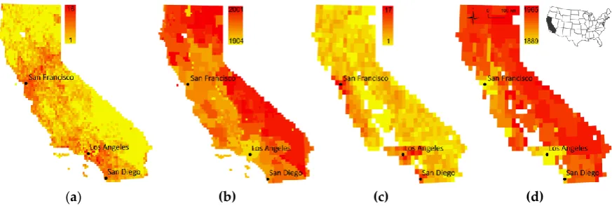 Figure 6. (a) Map edition counts and (b) earliest map production year per 1:24,000 map quadrangle in the state of Colorado (USA) based on metadata analysis
