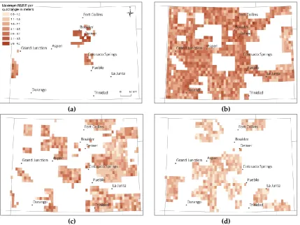 Figure 9. Spatio-temporal patterns of georeference accuracy of USGS topographic maps (1:24,000) in the state of Colorado (USA), for maps produced between (a) 1930-1950, (b) 1950-1970, (c) 1970-1990, and (d) 1990-2004