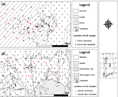 Figure 2. Geological status map including soil sampling points for landslides and non-landslides in the study area