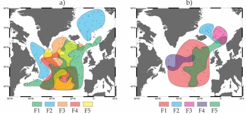 Figure 3. Generalized areas of Factors (≈ assemblages): a) planktic foraminiferas (PF) (this study), b) 