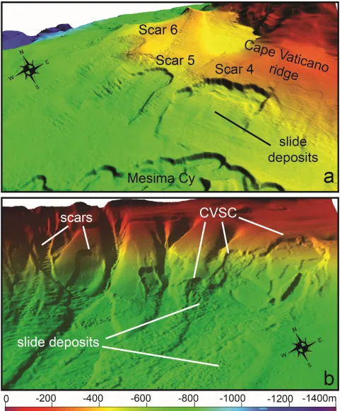 Fig. 5 3-D view of the landslide scars affecting the open continental slope encompassed between 