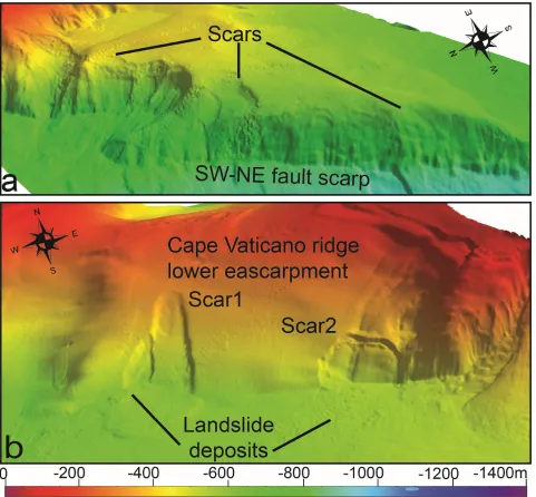 Fig. 4 (a) 3-D view of the SW-NE tectonically-controlled escarpments recognized in the lower 