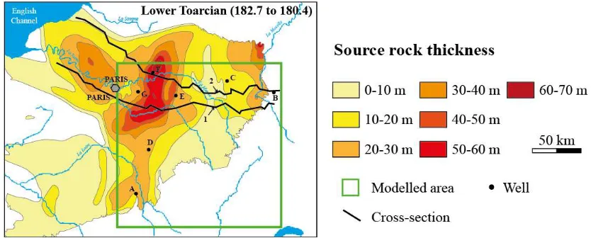 Figure 3. Study area (green square) of the Paris basin and localization of the 2 cross-sections and of the 7 wells used for the calibration of the stratigraphic model