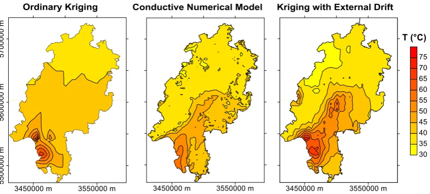 Figure 6. Comparison of ordinary kriging, conductive numerical modeling and kriging with external drift results in 750 m depth below the surface