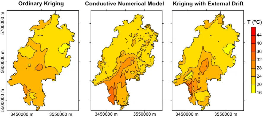 Figure 5. Comparison of ordinary kriging, conductive numerical modeling and kriging with external drift results in 500 m depth below the surface