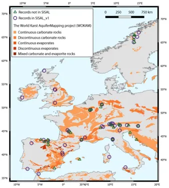 Figure 1. Map showing distribution of carbonate and evaporite rocks in Western Europe, provided by the World Karst Aquifer Mapping project (WOKAM, [36])