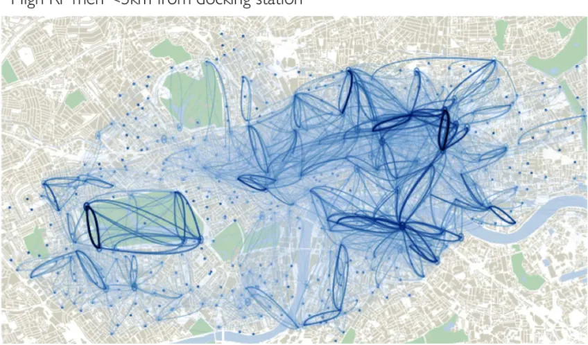 Figure 5: High RF men and women living <5km from a docking station. Flows are coloured by the number of unique members making them