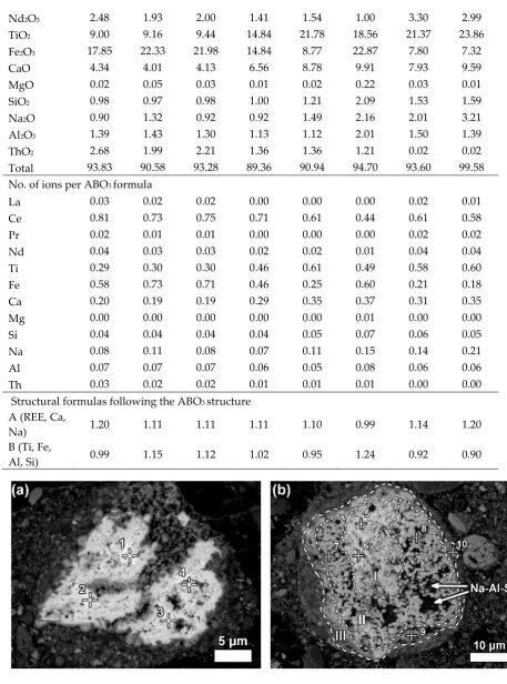 Figure 8. Neodymium-lanthanum predominant LREE particles, of which (a) is partly reacted, and (b)