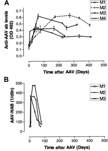 Figure 4. Virus shedding after administration of rAAV in rhesus macaques. APCR-based assay was used to detect vector sequences in plasma (P), urine (U), andsaliva (S) collected from monkeys 1 to 4 on the stipulated days after liver-targeteddelivery of rAAV
