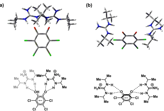 Figure 2.12.  Geometry calculated for the (1)2·Q•– complex, optimized using (a) B3LYP/6-31G(d,p) level of theory; the gray HBD molecule is oriented behind the other HBD molecule; (b) M06-2X/6-31G(d,p) level of theory