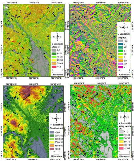 Figure 2. (a) Slope map; (b) Aspect; (c) Elevation; (d) Valley depth 