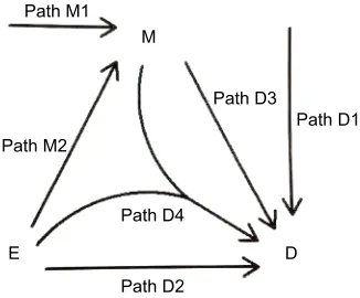 Figure 1 The two paths for M-stage and four paths for D-stage.Abbreviations: D, disease; E, exposure; M, mediator.