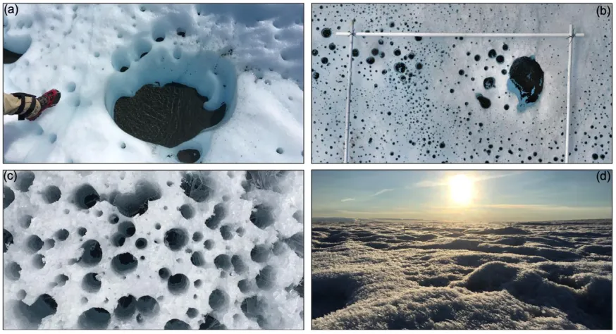 Figure 8. Images of cryoconite hole-studded ice surface in the western Greenland Ice Sheet ablation zone, collected at (a) ~850 m a.s.l.; (b) ~950 m a.s.l.; and (c) ~1200 m a.s.l