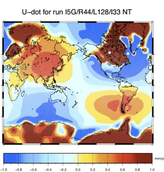Figure 4. GIA ﬁngerprint for the current rate of crustal upliftwith the melting of the Laurentide ice sheet in north America and Canada, and are found in the samevariability of the U˙, according to our implementation ofGIA model ICE-5G (VM2)