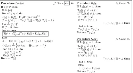 Fig. 3. Description of games in proof of Theorem 3 (Cont’d). Procedures Eval and G in the deﬁnition ofgames G2 and G3