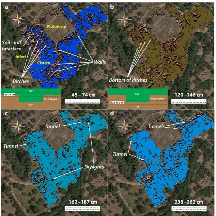 Figure 11. GPR amplitude maps for the depth intervals : (a) 45–74 cm (12−20 ns); (b) 120–146 cm (33−41 ns); (c) 162–187 cm (47−55 ns); (d) 238 – 262 cm (72−80 ns)