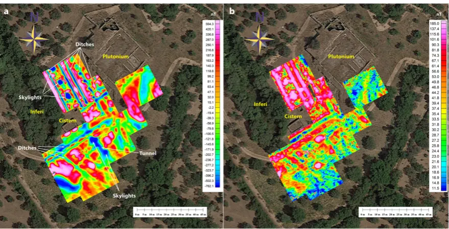 Figure 12. (a) The magnetic anomaly map of the Plutonium-Inferi complex; (b) Uncertainty grid