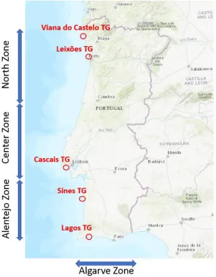 Figure 2. Location of the five TG used in the study: Leixões, Cascais, Sines and Lagos for the tide modeling and Viana do Castelo for storm surge analysis at the northern region