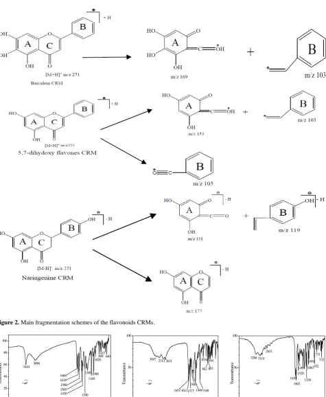 Figure 2. Main fragmentation schemes of the flavonoids CRMs. 