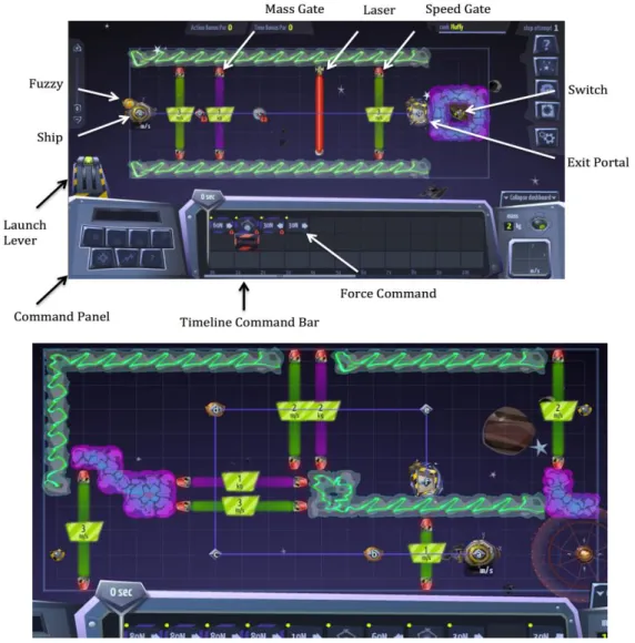 Figure 1. Key parts of a Fuzzy Chronicles level with labels (above) and a challenge level (below) 