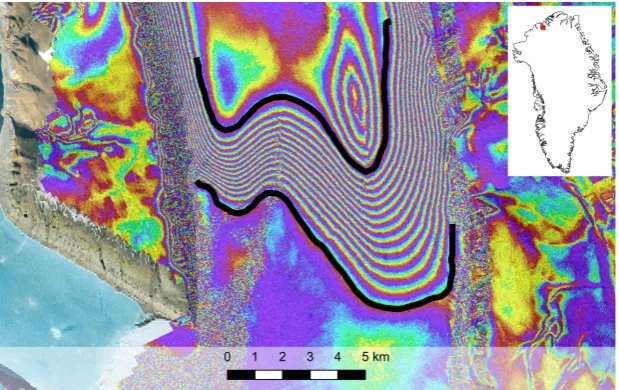 Figure 3. Geocoded double difference interferogram of the grounding zone of Ryder Glacier derivedfrom repeat pass SAR data of Sentinel-1A and 1B acquired at 6, 12 and 18 January 2017 (background:Google Earth)