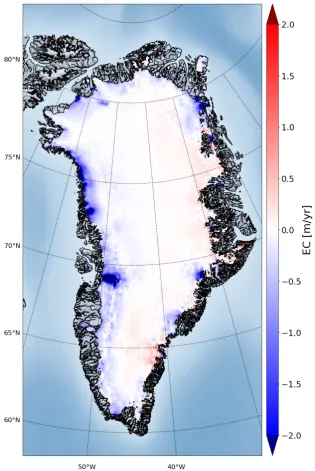 Figure 4. (Upper panel) Mean surface elevation change over the GrIS for 2016 and 2017 of the GrISfrom radar altimetry