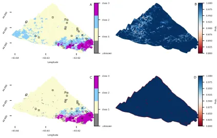 Figure 7. Substrate classiﬁcation using monospectral Patricia Bay data. Top row (A.1. through A.3.):substrate maps generated with the GMM algorithm using 100, 200 or 400 kHz backscatter inputs.Bottom row: (B.1