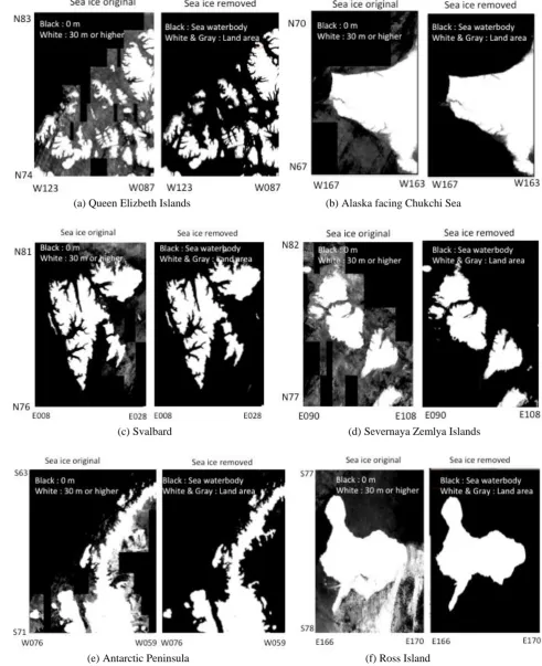 Figure 3 Typical examples of original and corrected DEM images before and after sea ice removal  
