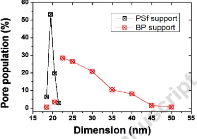 Figure 5 Pore size distribution of both PSf and BP supports.  