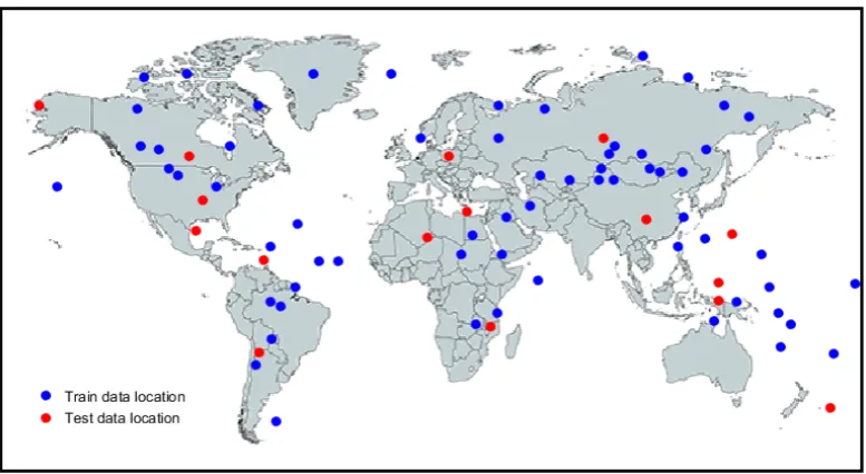 Figure 1. WRS2 path/row data location of imagery utilized for training and test