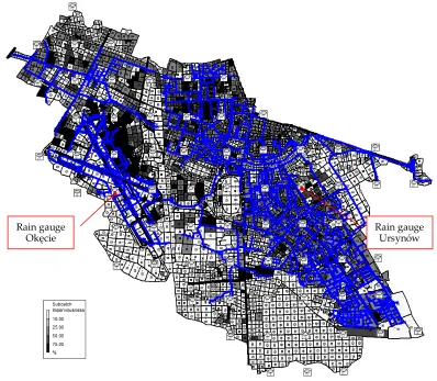Figure 2. The storm drainage system, subcatchments and rain gauges (two existing and 64 virtual objects) in the SWMM model for the studied area