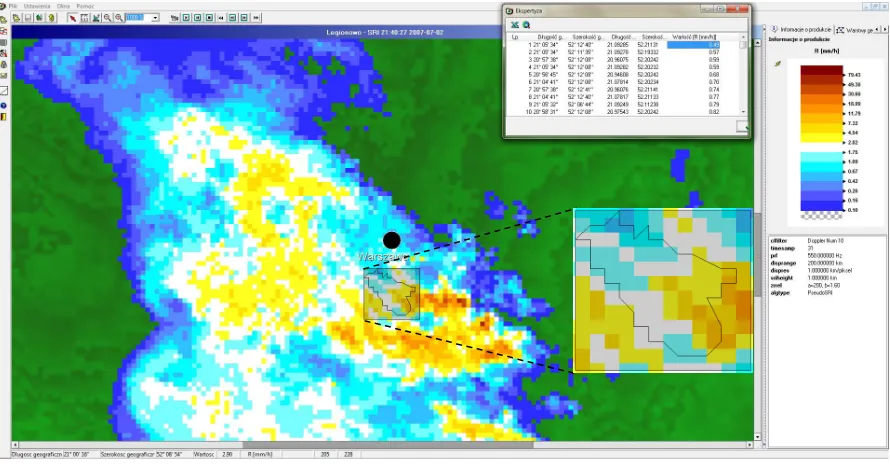 Figure 3. SRI product (map of rainfall intensity) and area covering the analyzed catchment (156 pixels)