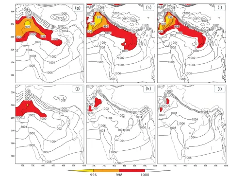 Figure 3. Composite mean sea level pressure (hPa) for the months May, June, July and the season June-September for ob-served ((a), (d), (g), (j)); historical simulations ((b), (e), (h), (k)) based on 1951-2000 and mean sea level pressure under RCP4.5 ((c),