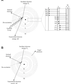 Figure 3. Energy dispersive X-ray analysis in the TEM (after Brydson 2011). De-excitation mechanisms for an atom which has undergone K-shell ionization by primary electrons: (A) emission of a characteristic Kα X-ray (the inset details possible ionization processes and emission of X-rays) and (B) emission of a KLM Auger electron.