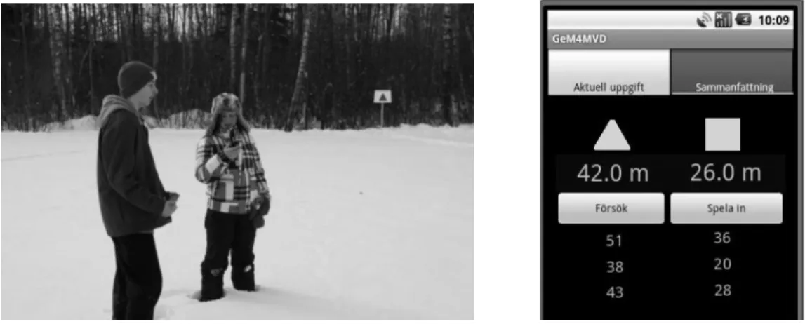 Figure 1. The setting of the activity (left pane) and the display of the mobile phone (right pane) 