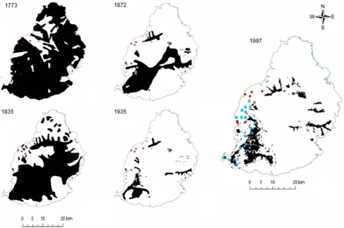Figure 1. Pattern of deforestation in Mauritius from 1773 to 1997. The red dots indicate the 10 subpopulations for which both microsatelliteand mtDNA analyses were conducted, and the yellow dots the three subpopulations for which only mtDNA analyses were c