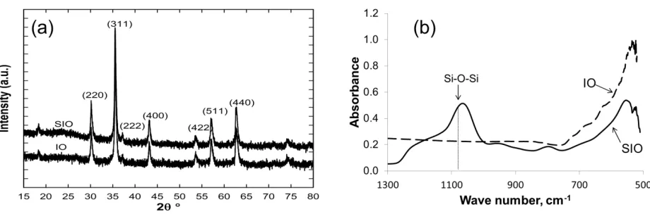 Figure 1. XRD patterns (a) and FTIR spectra (b) for IO and SIO powders 