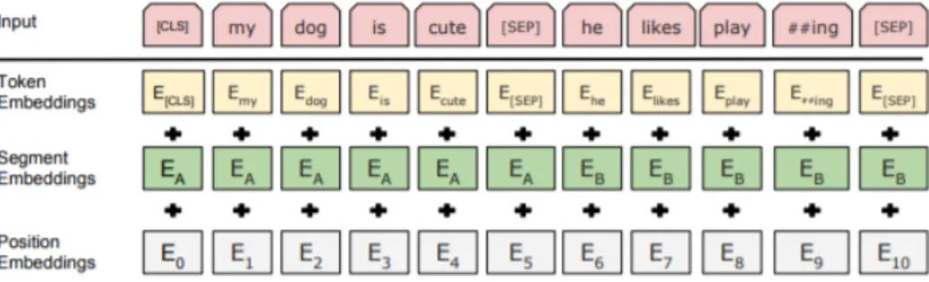 Figure 2.6: BERT input representation, where the input is a sum of three levels of embedding [8].