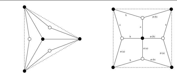 Figure 4: Two examples of quad-graphs with boundary (represented by a dashed line here).Only the one of the right-hand side can be labelled according to our rules for quadrilaterals andtriangles.