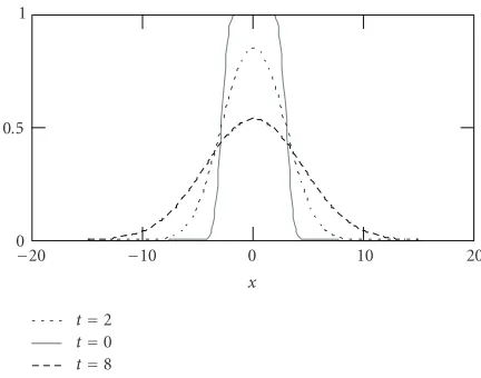 Figure 3.3. FBF evolution m = 8 at diﬀerent times (continuous: t = 0; dotted: t = 2; dashed: t = 8).