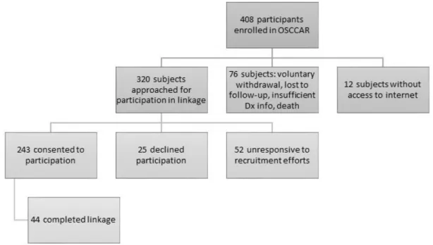 Figure 1  illustrates the recruitment process for the CCFA Partners/OSCCAR linkage. A total of 408 participants have been enrolled in OSCCAR
