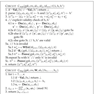 Figure 2: ←  Top: Circuit for addition of group elements. Explicit randomness r is internally generated when using a PIO.Bottom: Circuit implementing the multilinear map