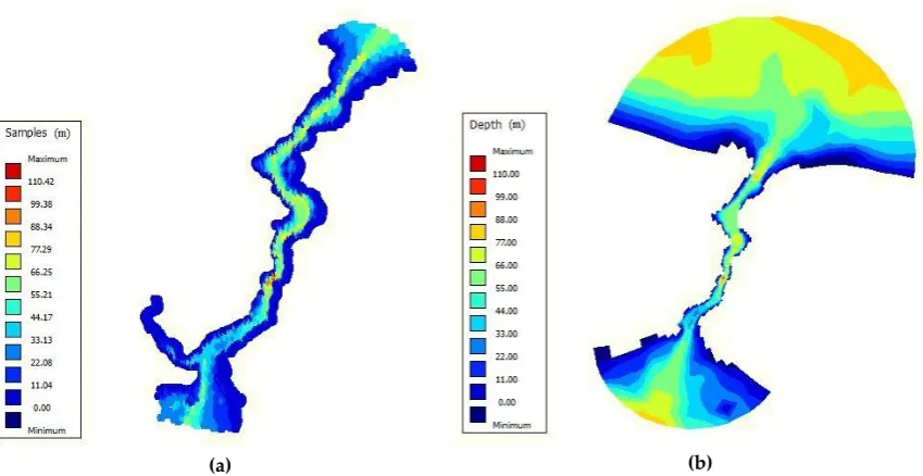 Figure 6. Point-based (raw) (a) and area-based (refined) bathymetry data of the Strait (b) 