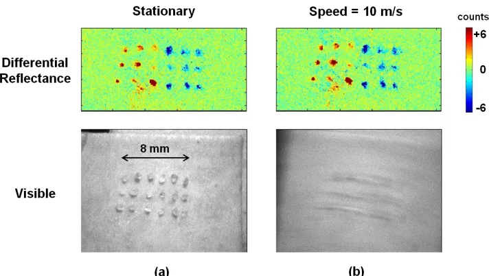 Fig. 6. Comparison of differential reflectance images (top) and visible images (bottom) for the particles when (a) stationary and (b) moving at linear speeds of 10 m/s (rendered as red