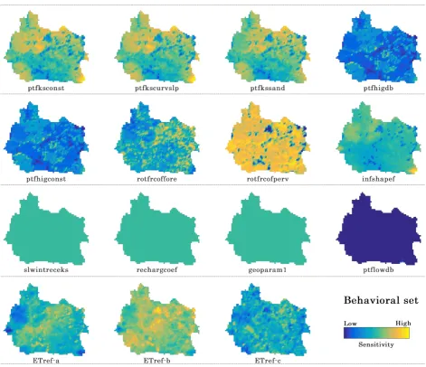 Figure 4 shows the average of 100 maps where each reflects the impact of a perturbation per parameter based on the 100 behavioral (NSE > 0.5) parameter sets as initial points